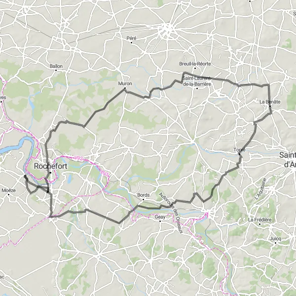 Miniature de la carte de l'inspiration cycliste "Le périple des villages charentais" dans la Poitou-Charentes, France. Générée par le planificateur d'itinéraire cycliste Tarmacs.app