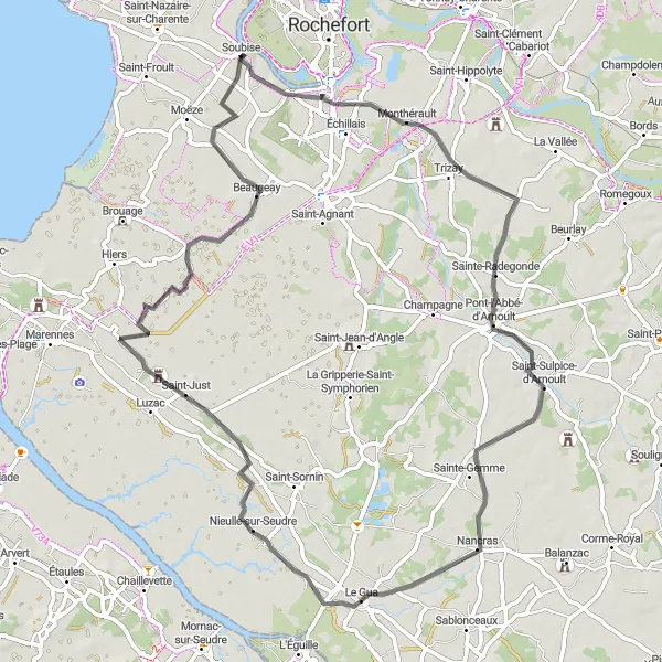 Miniature de la carte de l'inspiration cycliste "Escapade vers Saint-Sulpice-d'Arnoult et Nancras" dans la Poitou-Charentes, France. Générée par le planificateur d'itinéraire cycliste Tarmacs.app