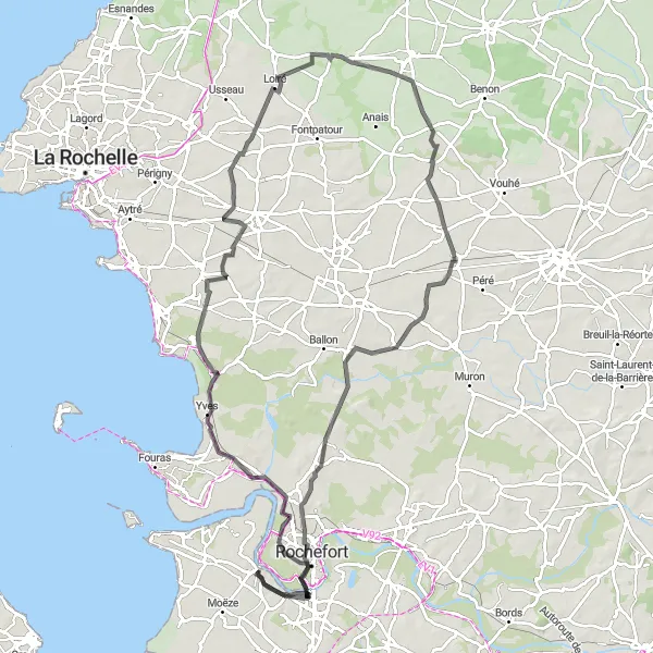Miniature de la carte de l'inspiration cycliste "Boucle vers Vergeroux et Ardillières" dans la Poitou-Charentes, France. Générée par le planificateur d'itinéraire cycliste Tarmacs.app