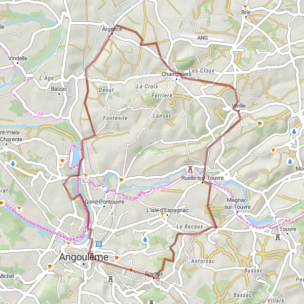 Map miniature of "Gond-Pontouvre Gravel Loop" cycling inspiration in Poitou-Charentes, France. Generated by Tarmacs.app cycling route planner