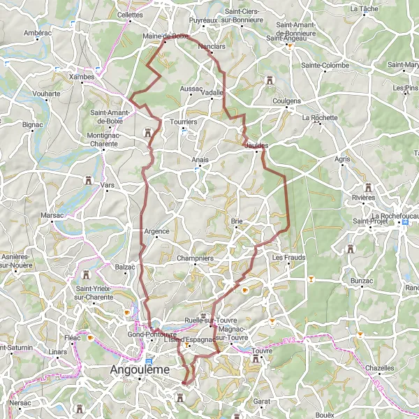 Map miniature of "Gravel Adventure to L'Isle-d'Espagnac" cycling inspiration in Poitou-Charentes, France. Generated by Tarmacs.app cycling route planner