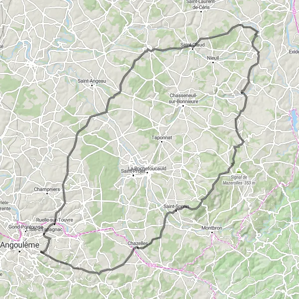 Miniature de la carte de l'inspiration cycliste "Défi des collines" dans la Poitou-Charentes, France. Générée par le planificateur d'itinéraire cycliste Tarmacs.app