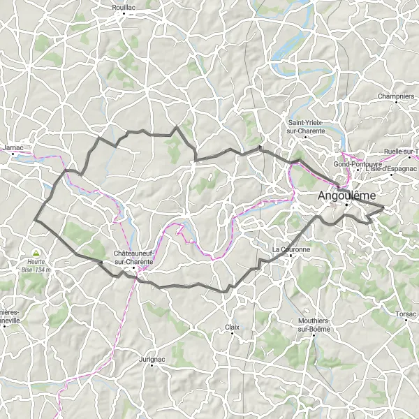 Map miniature of "Road Cycling Adventure: Châteauneuf-sur-Charente Loop" cycling inspiration in Poitou-Charentes, France. Generated by Tarmacs.app cycling route planner