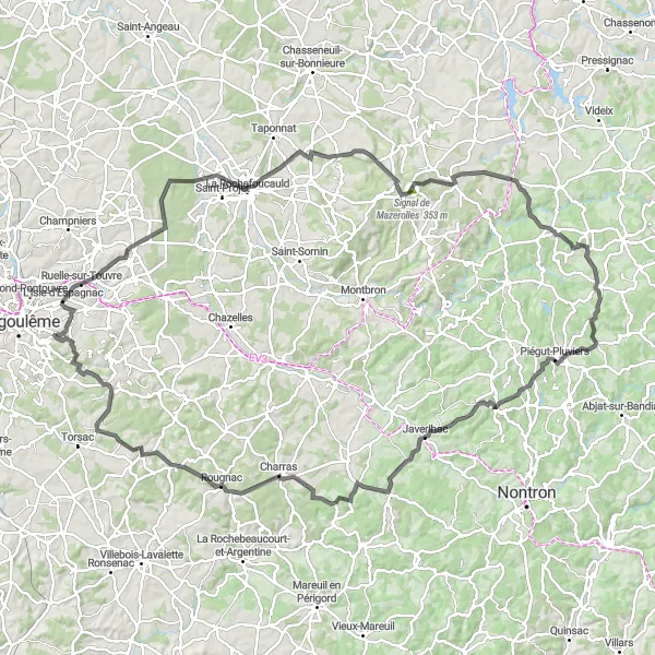 Map miniature of "Soyaux to Ruelle-sur-Touvre Loop" cycling inspiration in Poitou-Charentes, France. Generated by Tarmacs.app cycling route planner