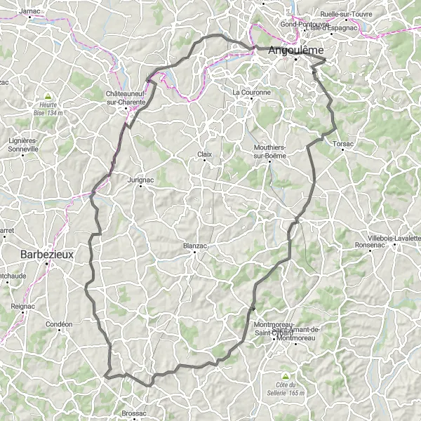 Map miniature of "Angular Cycling Adventure" cycling inspiration in Poitou-Charentes, France. Generated by Tarmacs.app cycling route planner