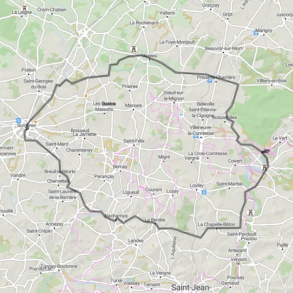 Miniature de la carte de l'inspiration cycliste "Boucle de Surgères historique" dans la Poitou-Charentes, France. Générée par le planificateur d'itinéraire cycliste Tarmacs.app
