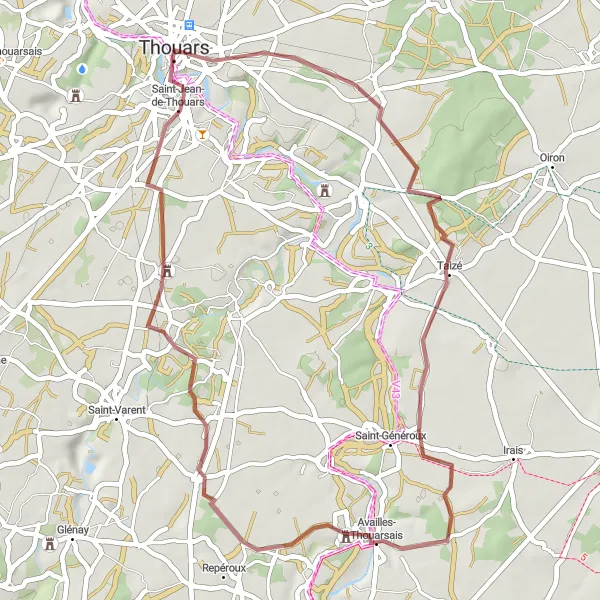 Miniature de la carte de l'inspiration cycliste "Parcours gravel de Thouars à Saint-Jean-de-Thouars" dans la Poitou-Charentes, France. Générée par le planificateur d'itinéraire cycliste Tarmacs.app