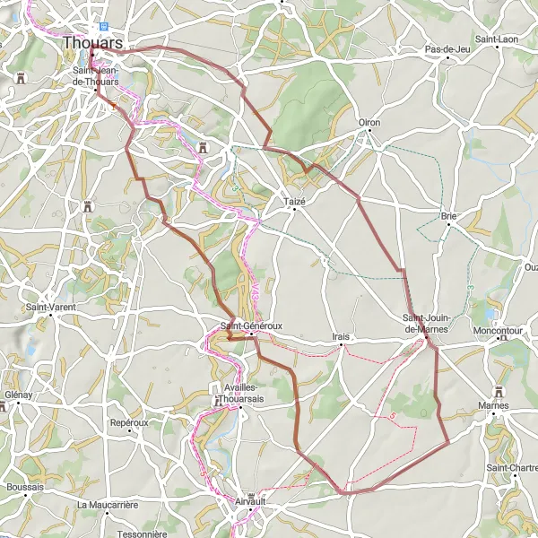 Map miniature of "Thouars to Cirque de Missé Gravel Route" cycling inspiration in Poitou-Charentes, France. Generated by Tarmacs.app cycling route planner