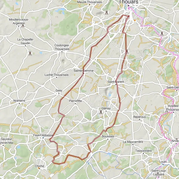 Miniature de la carte de l'inspiration cycliste "Aventure gravel à Saint-Jean-de-Thouars" dans la Poitou-Charentes, France. Générée par le planificateur d'itinéraire cycliste Tarmacs.app