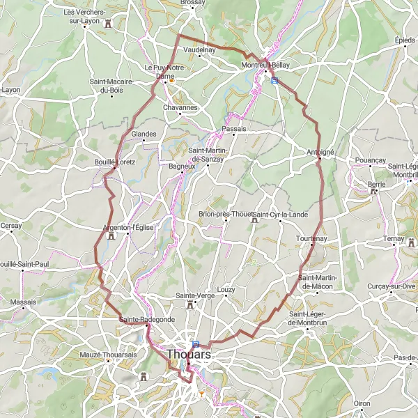 Map miniature of "Thouars and the Surrounding Gravel Routes" cycling inspiration in Poitou-Charentes, France. Generated by Tarmacs.app cycling route planner