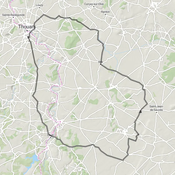 Miniature de la carte de l'inspiration cycliste "Tour panoramique à travers Pas-de-Jeu" dans la Poitou-Charentes, France. Générée par le planificateur d'itinéraire cycliste Tarmacs.app