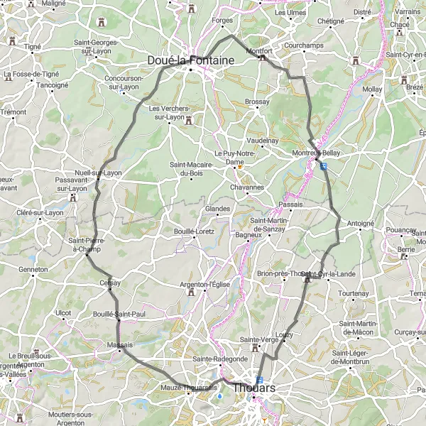 Map miniature of "Discovering the Beauty of Thouars and Surroundings" cycling inspiration in Poitou-Charentes, France. Generated by Tarmacs.app cycling route planner