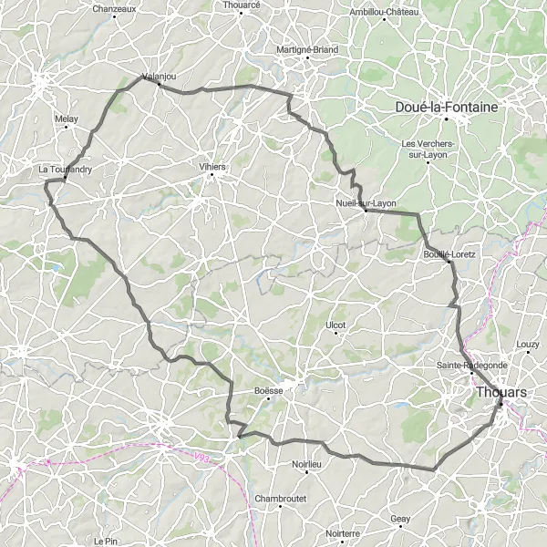 Miniature de la carte de l'inspiration cycliste "Circuit de La Chapelle-Gaudin à Bouillé-Loretz" dans la Poitou-Charentes, France. Générée par le planificateur d'itinéraire cycliste Tarmacs.app