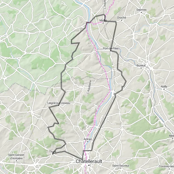 Map miniature of "Exploring the Usseau Region" cycling inspiration in Poitou-Charentes, France. Generated by Tarmacs.app cycling route planner