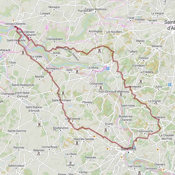 Map miniature of "Gravel Route to Saint-Porchaire" cycling inspiration in Poitou-Charentes, France. Generated by Tarmacs.app cycling route planner