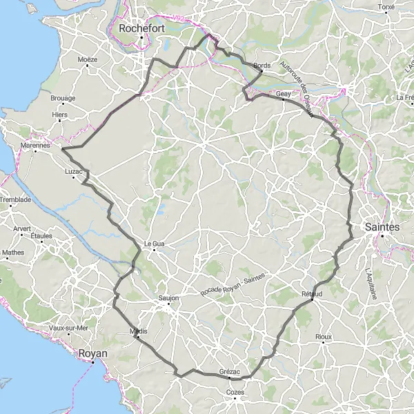 Map miniature of "Seaside Exploration in Charente-Maritime" cycling inspiration in Poitou-Charentes, France. Generated by Tarmacs.app cycling route planner