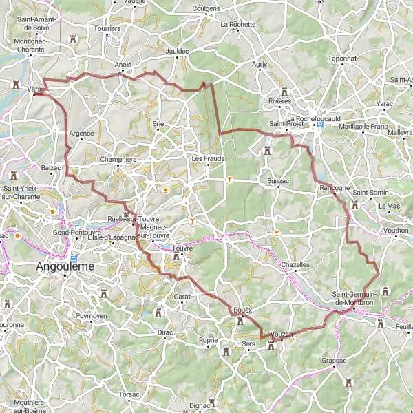 Miniature de la carte de l'inspiration cycliste "Circuit de Vars à Anais" dans la Poitou-Charentes, France. Générée par le planificateur d'itinéraire cycliste Tarmacs.app