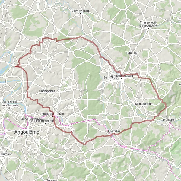 Map miniature of "Villejoubert Gravel Loop" cycling inspiration in Poitou-Charentes, France. Generated by Tarmacs.app cycling route planner