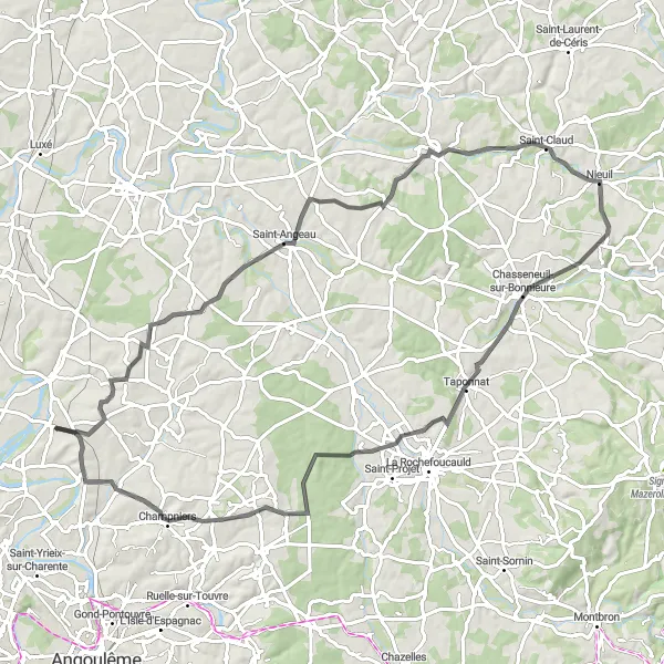 Map miniature of "Bonnieure Heritage Circuit" cycling inspiration in Poitou-Charentes, France. Generated by Tarmacs.app cycling route planner