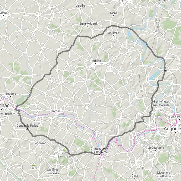 Map miniature of "Road Explorations" cycling inspiration in Poitou-Charentes, France. Generated by Tarmacs.app cycling route planner