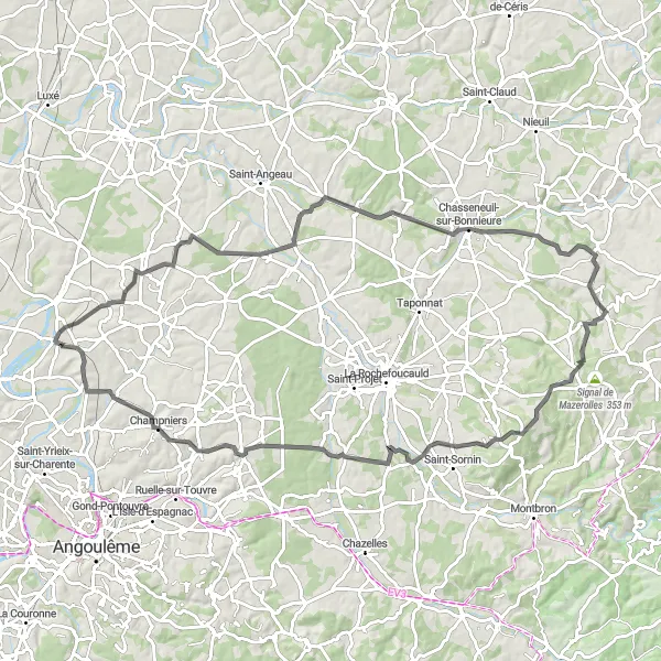 Miniature de la carte de l'inspiration cycliste "Tour de la campagne charentaise" dans la Poitou-Charentes, France. Générée par le planificateur d'itinéraire cycliste Tarmacs.app