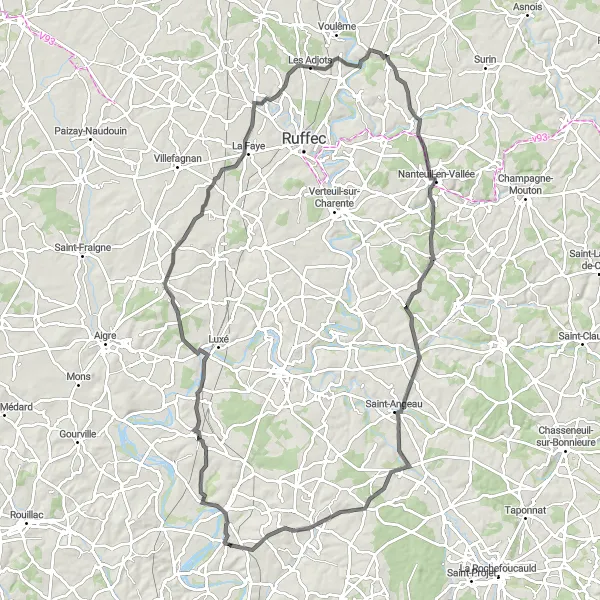 Miniature de la carte de l'inspiration cycliste "Boucle Road vers Beaubrenier" dans la Poitou-Charentes, France. Générée par le planificateur d'itinéraire cycliste Tarmacs.app