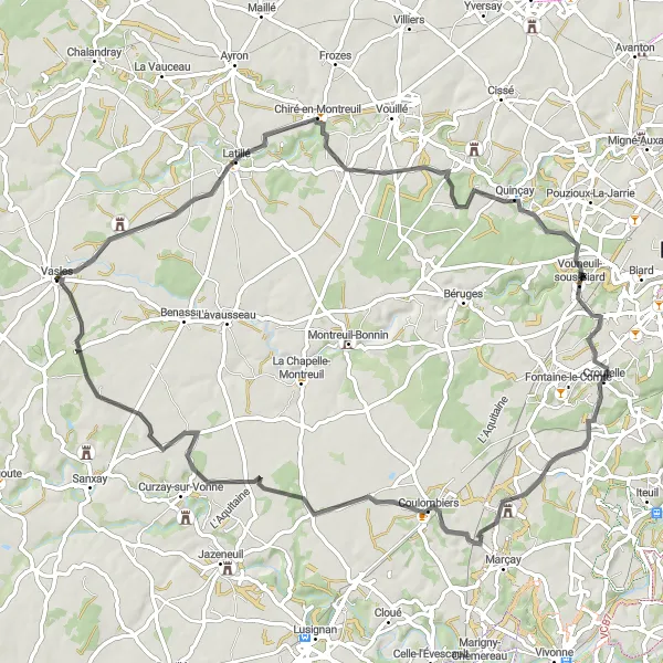 Miniature de la carte de l'inspiration cycliste "Boucle de l'Abbaye de Bonnevaux sur route" dans la Poitou-Charentes, France. Générée par le planificateur d'itinéraire cycliste Tarmacs.app