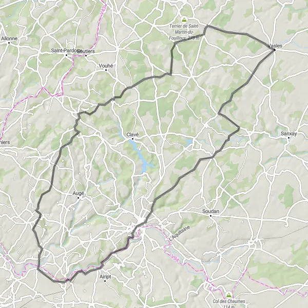 Map miniature of "The Vasles Loops" cycling inspiration in Poitou-Charentes, France. Generated by Tarmacs.app cycling route planner