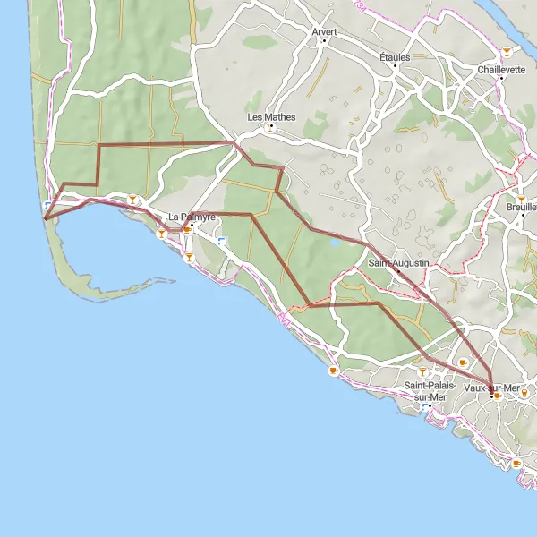 Map miniature of "Gravel Ride: Vaux-sur-Mer Exploration" cycling inspiration in Poitou-Charentes, France. Generated by Tarmacs.app cycling route planner