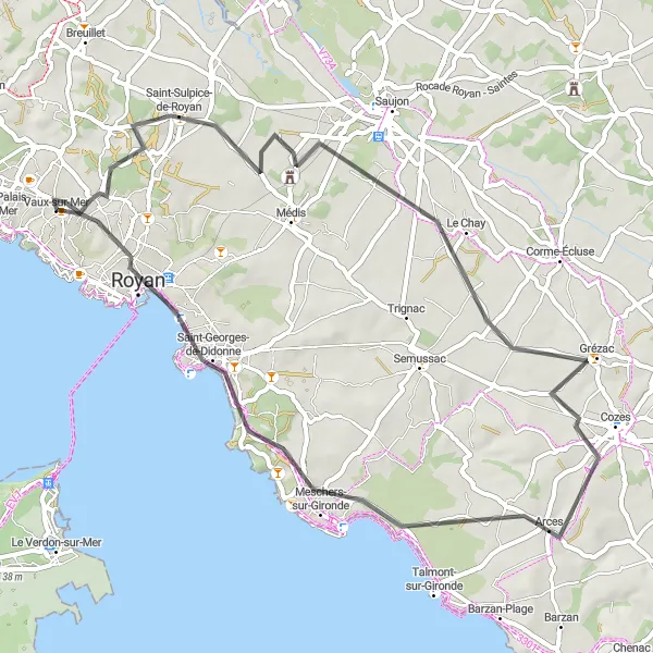 Map miniature of "Road Cycling Adventure: Coastal Delights" cycling inspiration in Poitou-Charentes, France. Generated by Tarmacs.app cycling route planner