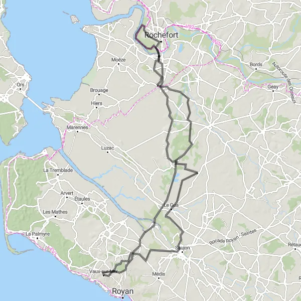 Miniature de la carte de l'inspiration cycliste "Tour de Rochefort" dans la Poitou-Charentes, France. Générée par le planificateur d'itinéraire cycliste Tarmacs.app