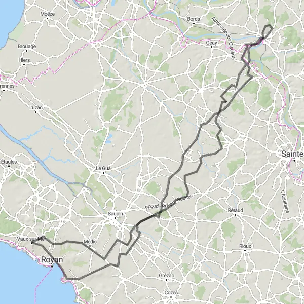 Map miniature of "Challenging Ride: Royan's Beautiful Countryside" cycling inspiration in Poitou-Charentes, France. Generated by Tarmacs.app cycling route planner