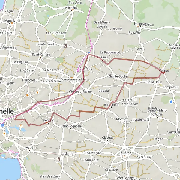 Miniature de la carte de l'inspiration cycliste "Parcours gravel à la découverte de Vérines" dans la Poitou-Charentes, France. Générée par le planificateur d'itinéraire cycliste Tarmacs.app