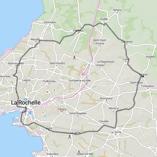 Map miniature of "Coastal Circuit" cycling inspiration in Poitou-Charentes, France. Generated by Tarmacs.app cycling route planner