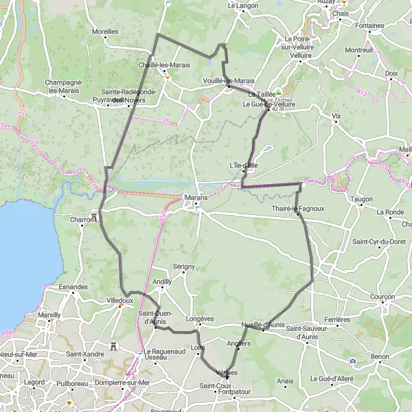 Map miniature of "Vérines Loop" cycling inspiration in Poitou-Charentes, France. Generated by Tarmacs.app cycling route planner