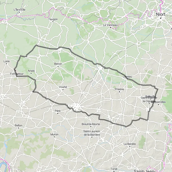 Miniature de la carte de l'inspiration cycliste "Parcours de vélo panoramique de Vérines" dans la Poitou-Charentes, France. Générée par le planificateur d'itinéraire cycliste Tarmacs.app