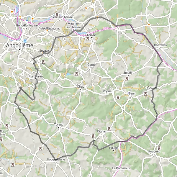 Miniature de la carte de l'inspiration cycliste "Les Châteaux de la Charente" dans la Poitou-Charentes, France. Générée par le planificateur d'itinéraire cycliste Tarmacs.app