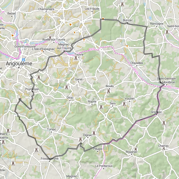 Miniature de la carte de l'inspiration cycliste "Circuit vallonné de Vœuil-et-Giget" dans la Poitou-Charentes, France. Générée par le planificateur d'itinéraire cycliste Tarmacs.app