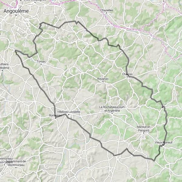 Miniature de la carte de l'inspiration cycliste "Les Trésors de l'Aquitaine" dans la Poitou-Charentes, France. Générée par le planificateur d'itinéraire cycliste Tarmacs.app