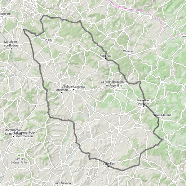 Map miniature of "The Hidden Gems of Poitou-Charentes" cycling inspiration in Poitou-Charentes, France. Generated by Tarmacs.app cycling route planner