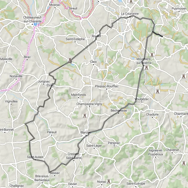 Map miniature of "The Boëme Valley Adventure" cycling inspiration in Poitou-Charentes, France. Generated by Tarmacs.app cycling route planner