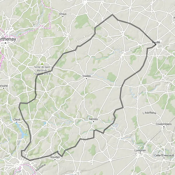 Map miniature of "Valley Discovery" cycling inspiration in Poitou-Charentes, France. Generated by Tarmacs.app cycling route planner