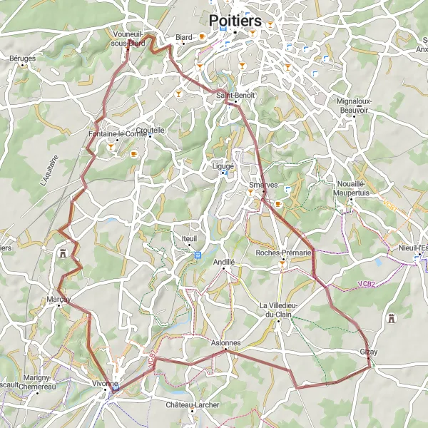 Map miniature of "Gravel Tour of Biard and Vouneuil-sous-Biard" cycling inspiration in Poitou-Charentes, France. Generated by Tarmacs.app cycling route planner