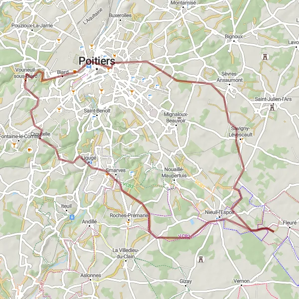 Map miniature of "Vouneuil-sous-Biard: Gravel Adventure" cycling inspiration in Poitou-Charentes, France. Generated by Tarmacs.app cycling route planner