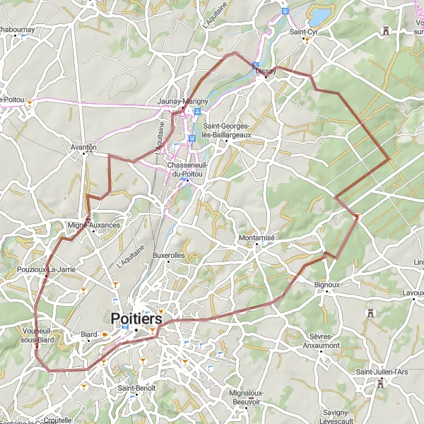 Map miniature of "Vouneuil-sous-Biard: Dissay Exploration" cycling inspiration in Poitou-Charentes, France. Generated by Tarmacs.app cycling route planner