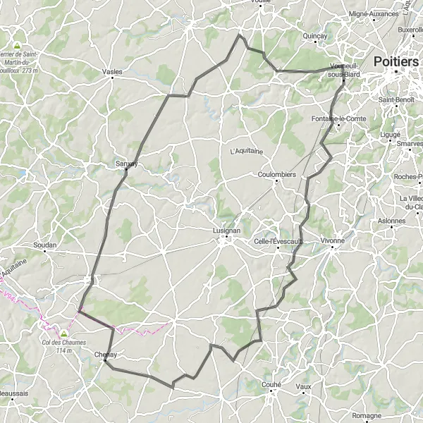 Map miniature of "Road Adventure from Fontaine-le-Comte to Vouneuil-sous-Biard" cycling inspiration in Poitou-Charentes, France. Generated by Tarmacs.app cycling route planner