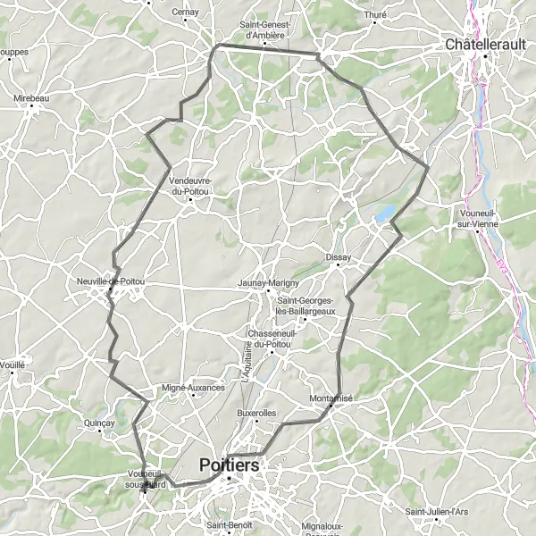 Map miniature of "Scenic Road Cycling Tour through Neuville-de-Poitou to Vouneuil-sous-Biard" cycling inspiration in Poitou-Charentes, France. Generated by Tarmacs.app cycling route planner