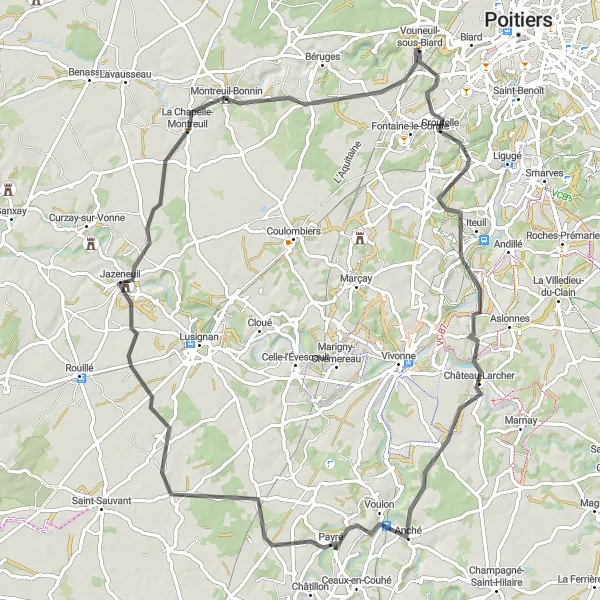 Map miniature of "Picturesque Road Cycling Route from Iteuil to Vouneuil-sous-Biard" cycling inspiration in Poitou-Charentes, France. Generated by Tarmacs.app cycling route planner