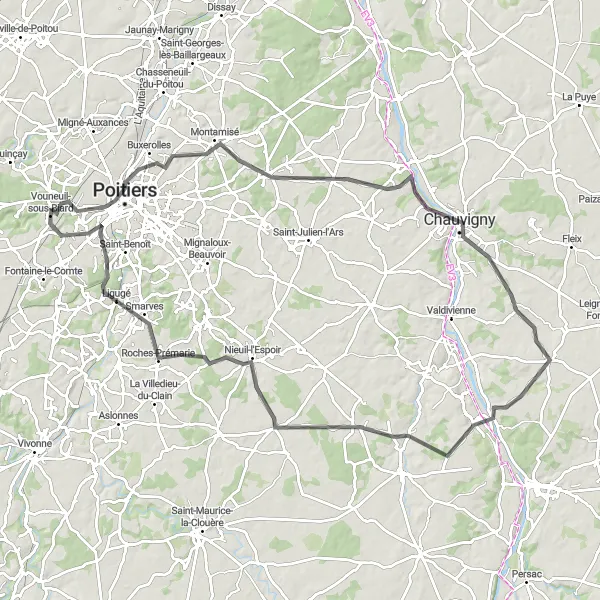 Miniature de la carte de l'inspiration cycliste "Parcours Poitiers et alentours" dans la Poitou-Charentes, France. Générée par le planificateur d'itinéraire cycliste Tarmacs.app