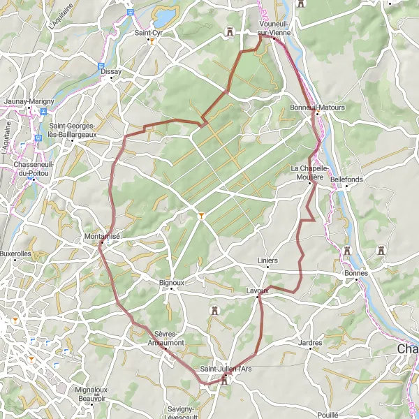 Miniature de la carte de l'inspiration cycliste "Les Sentiers Secrets du Poitou" dans la Poitou-Charentes, France. Générée par le planificateur d'itinéraire cycliste Tarmacs.app